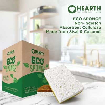 Hearth Eco Friendly Natural Sponges for Dishes - 12 Pack - Scrub Pads for Kitchen and Non-Abrasive Surface Cleaning - Plant-Based Biodegradable Sponges - Wood Pulp, Coconut and Sisal Fibers