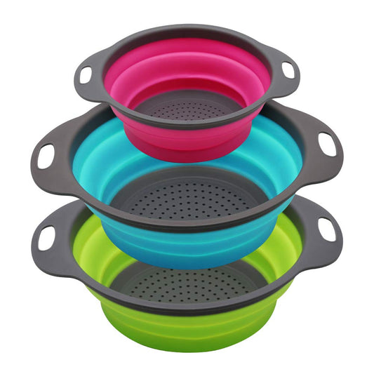Qimh Collapsible Colander Set of 3 Round Silicone Kitchen Strainer Set - 2 pcs 4 Quart and 1 pcs 2 Quart- Perfect for Draining Pasta, Vegetable and fruit (green,blue, purple)