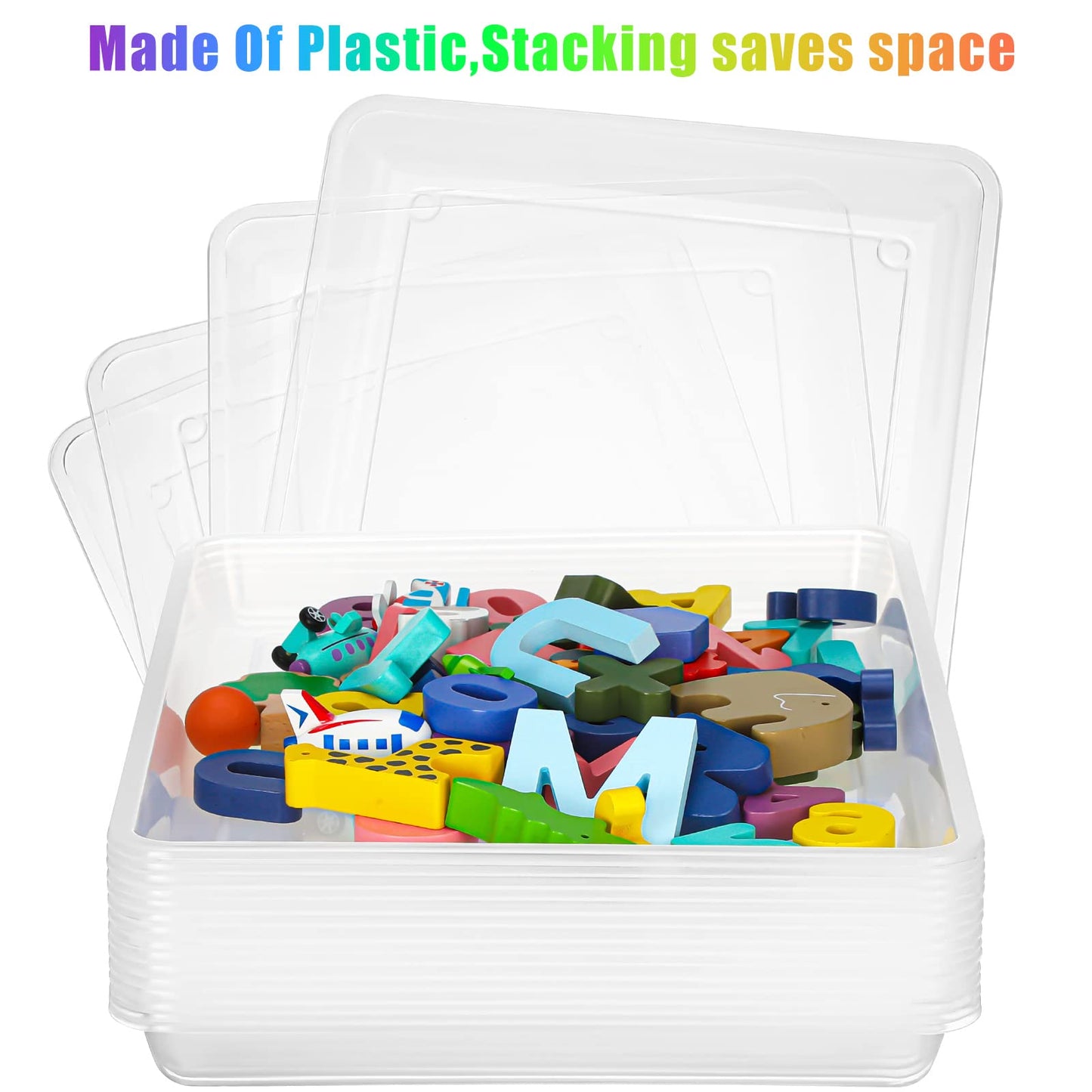 Maitys 15 Pcs Flat Plastic Trays 16.1 x 11.8'' Sensory Storage Tray Paper Trays Stackable Classroom Bins for Office Home Organizer Arts and Crafts Supplies(Clear)