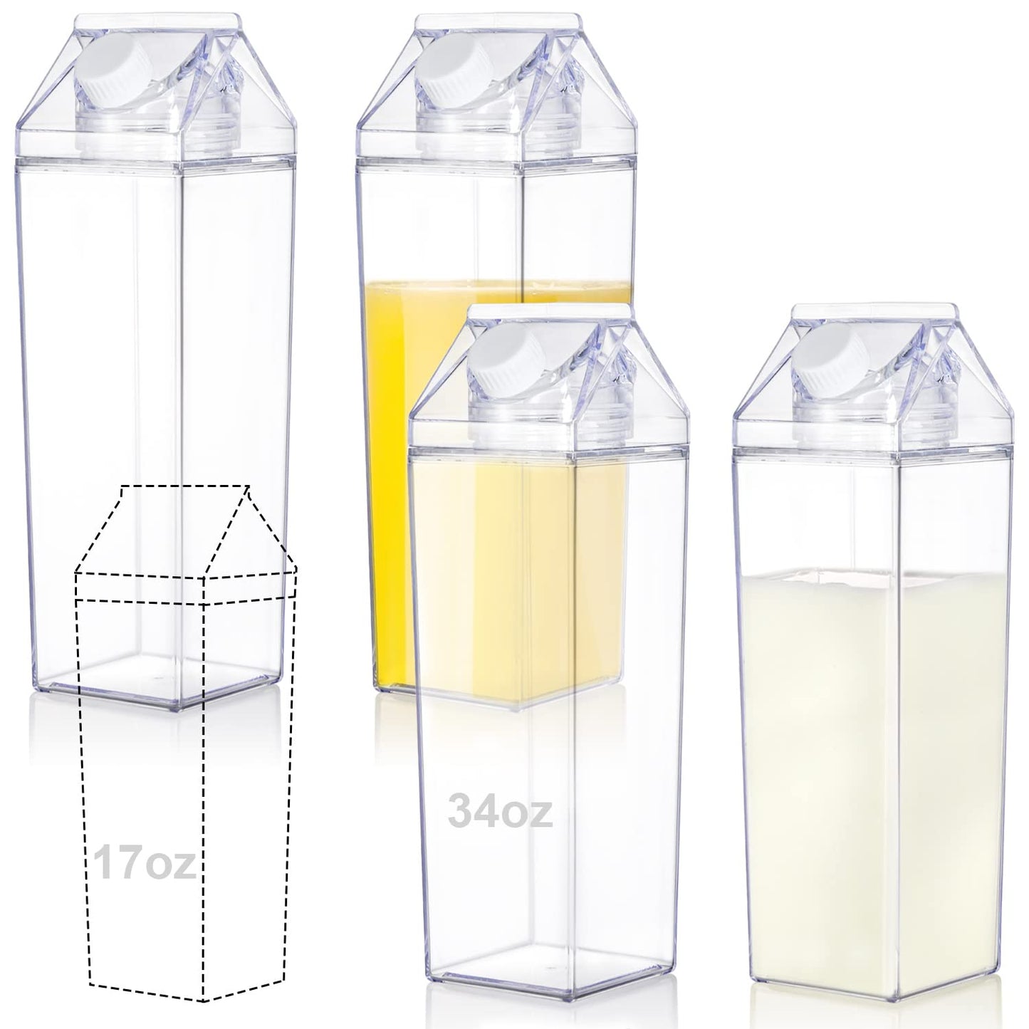 4 Pack 34 Oz Milk Carton Water Bottle, Clear Plastic Milk Box Portable Leakproof Square Juice Bottle