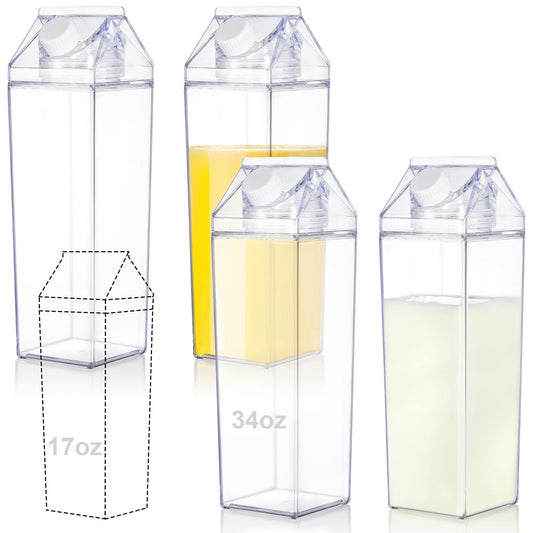 yarlung 4 Pack 34 Oz Milk Carton Water Bottle, Clear Plastic Milk Box Portable Leakproof Square Juice Bottle for Outdoor Sports Travel Camping