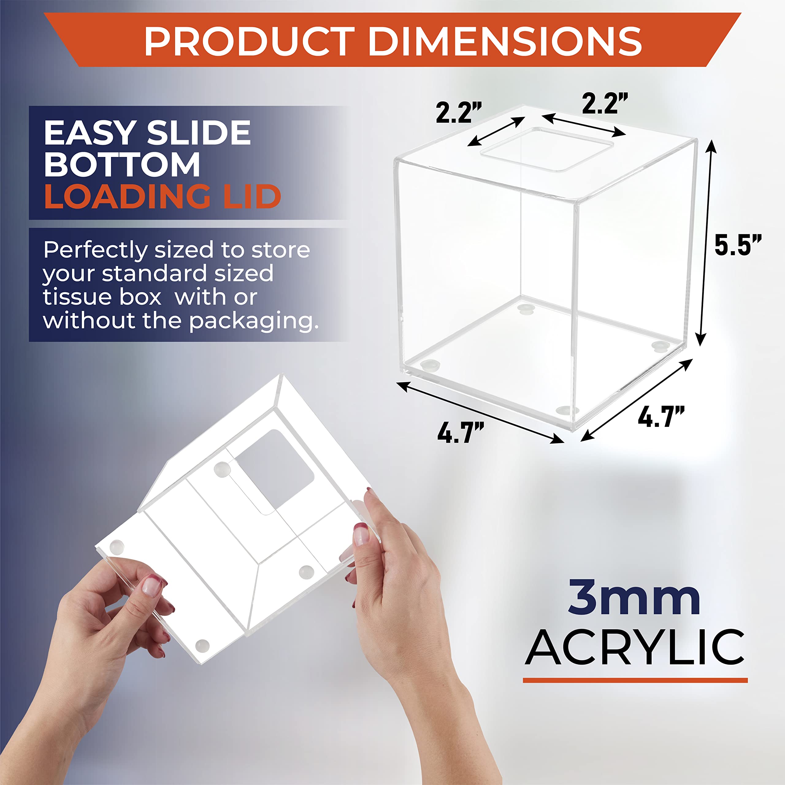 Acrylic Tissue Box Holder, Square Clear Tissue Box Dispenser for Facial Tissue, Napkins, Dryer Sheets. Perfect for Bathroom, Desks, Countertop, Vanity, Bedroom Dressers, Night Stands (Square, Clear)