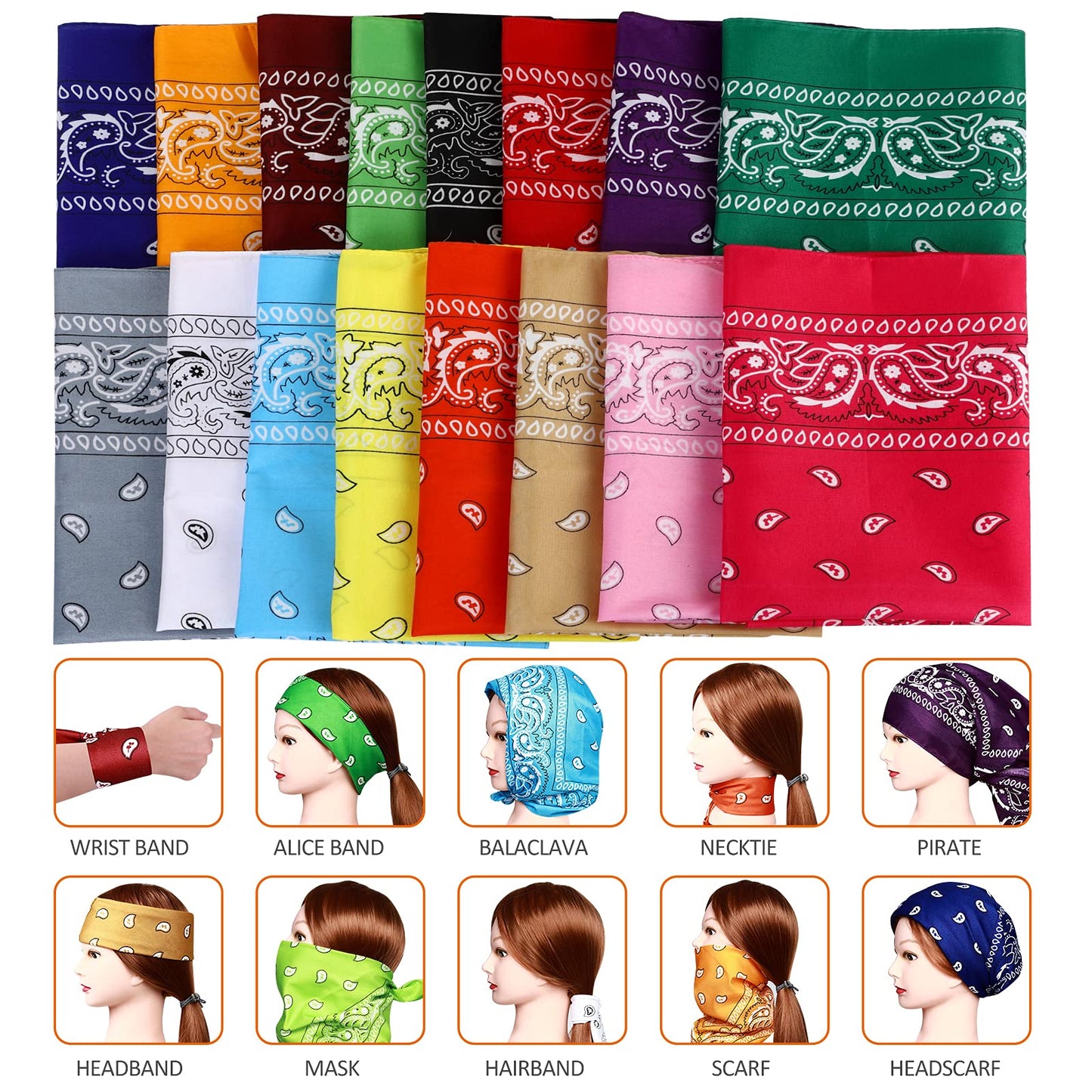 E-accexpert 16pcs Bandanas Multi-Purpose Party Outdoor Favor Scarf Headband Handkerchiefs for Unisex Women Men Boy Girls